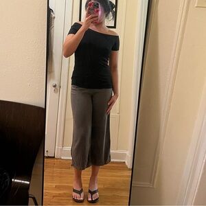 Y2K Wide Leg Capri Pants Flowy High Waisted Dark Green Midi Dressy Yoga Vacation